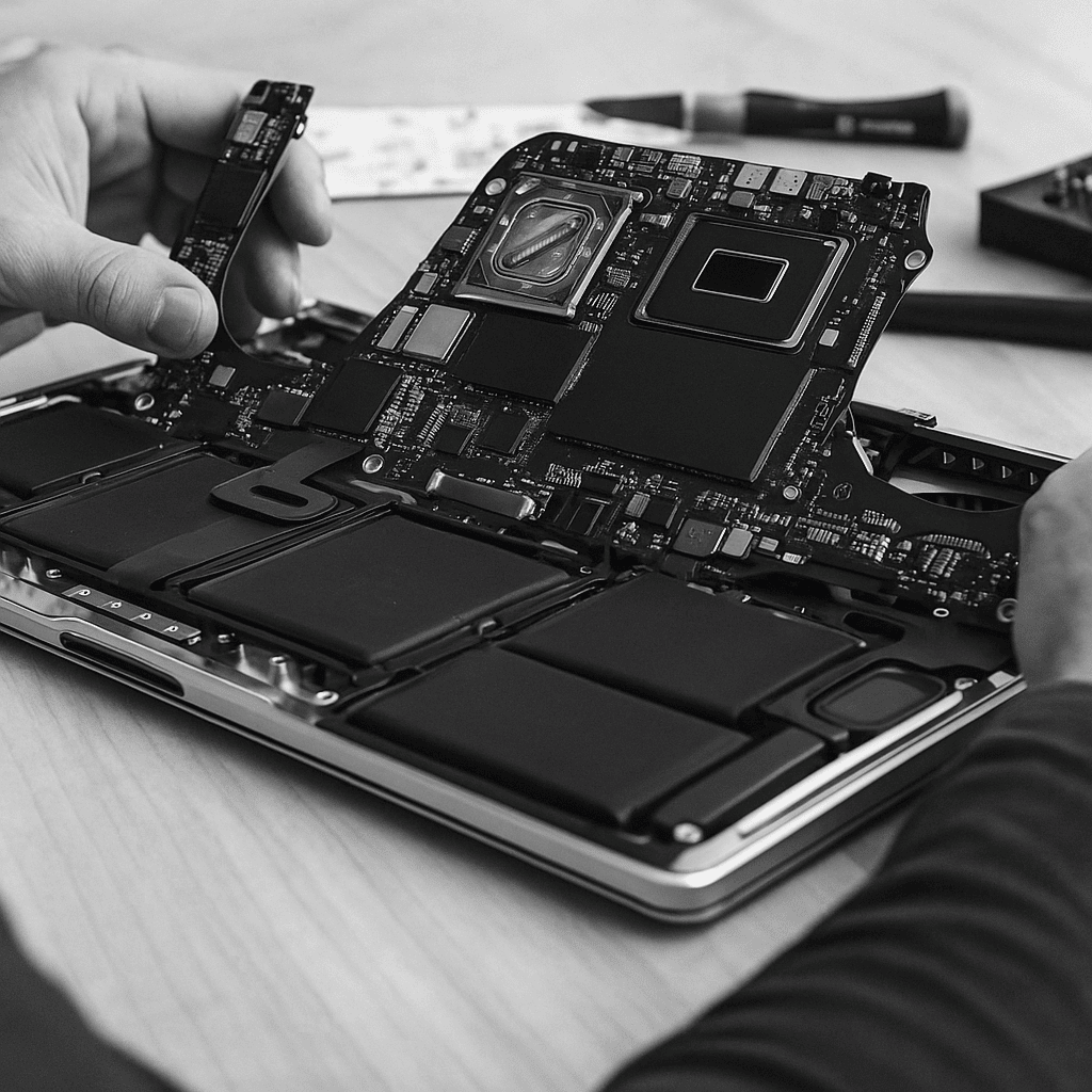 changement carte mere macbook des mains sont occupées à remplacer la carte mère d'un macbook pro a2141